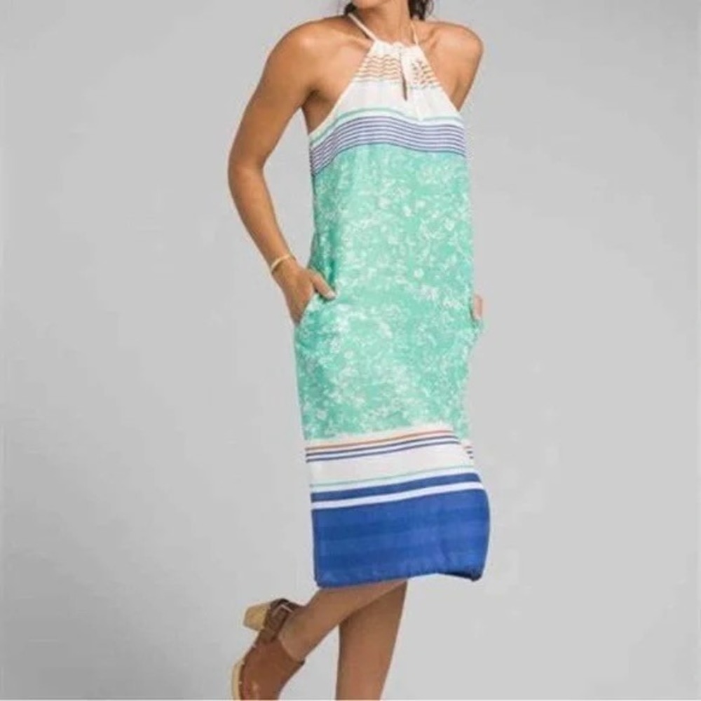 Prana Halter‎ Midi Dress Boho Coastal Green Blue Stripe Summer L